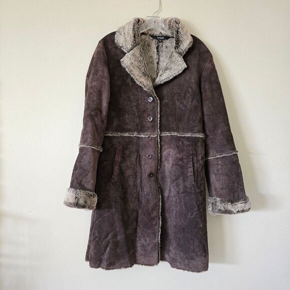 Express Leather Patchwork Faux Sherpa lined Penny Lane long coat Size‎ M Y2K Vtg - Picture 2 of 9